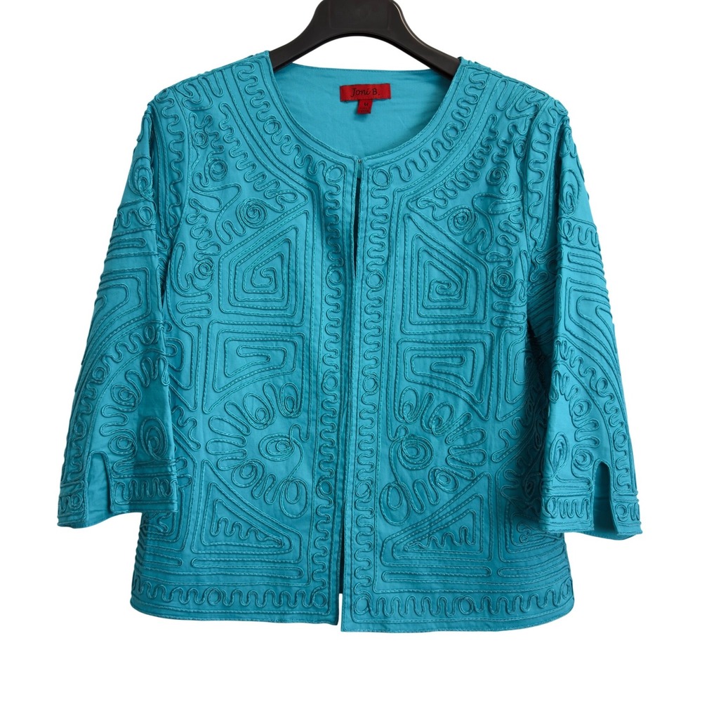 Joni B. Womens Turquoise Blue Soutache Embroidered Open Front Jacket Medium